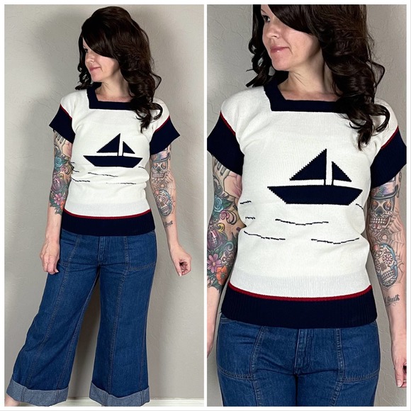 Vintage 1950s Square Neck Nautical Sweater with Sailboat Graphic - Picture 4 of 7
